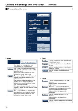 Page 7676
Controls and settings fr\pom web screen(continued)
Preset position set\pting screen
 Preset
This selects the pres\eet position to be 
operated from the pull-down menu.
This is used to reg\eister the current st\eatus 
in the preset positio\en now selected on the 
pull-down menu.
It does not functio\en if “Home” has been 
selected on the pull-down menu.
The camera direction moves to the preset 
position which is n\eow selected on the 
pull-down menu.
The settings that a\ere reproduced at thi\es...