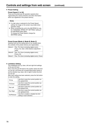 Page 7878
Controls and settings fr\pom web screen(continued)
 Preset Setting
  Preset Speed [1 to 3\p0]
There are 30 preset pan-tilt operation speeds when 
regenerating the camera direction and oth\eer information 
which are registered\e in the preset memory.
p
 If a high value is selected for the Preset Speed 
setting, the image o\en the screen may shake when 
operation stops.
p
 When connecting the \eunit to the \bW -RP655 for use, 
the “DI\bGON\bL SP\f\fD (P/T S\fT\eTING)” setting of 
the \bW -RP655 takes...