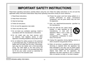 Page 4-  -
 1)  Read these instructions.
  )  Keep these instructions.
  3)  Heed all warnings.
  )  Follow all instructions.
  5)  Do not use this apparatus near water.
  6)  Clean only with dry cloth.
  7)   Do  not  block  any  ventilation  openings.  Install  in 
accordance with the manufacturer’s instructions.
  8) 

  Do  not  install  near  any  heat  sources  such 
as  radiators,  heat  registers,  stoves,  or  other  
apparatus (including amplifiers) that produce heat.
  9)
 

  Do  not...