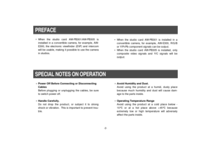 Page 4-2-
• When the studio card AW-PB301/AW-PB305 is
installed in a convertible camera, for example, AW-
E300, the electronic viewfinder (EVF) and intercom
will be usable, making it possible to use the camera
in studios.PREFACE
• When the studio card AW-PB301 is installed in a
convertible camera, for example, AW-E300, R/G/B
or Y/Pr/Pb component signals can be output.
• When the studio card AW-PB305 is installed, only
composite video signals and Y/C signals will be
output.
SPECIAL NOTES ON OPERATION• Power Off...