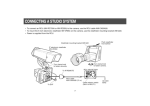 Page 9-7-
• To connect an RCU (WV-RC700A or WV-RC550) to the camera, use the RCU cable AW-CA50A26.
• To mount the 5-inch electronic viewfinder WV-VF65C on the camera, use the viewfinder mounting bracket AW-Q40.
• Power is supplied from the RCU.
GEN-LOCK
INAUX
INAUTO
75¶/Hi-ZAUTO
75¶/Hi-ZR/PR /COUT OUT
AUDIOSEE MANUAL
VIDEO 1
G/Y/Y VIDEO 2
B/PB /B SYNCS-VIDEO
14
23TALLY
CAMERA (MULTI)
CABLE SELECT
FUSE250V  1.25A
TALK
INCOM
RECEIVECONTROLTALLY & INCOM
MULTIOVP
MPX
MPX OUTPUT
RCU cable
AW-CA50A26 (15 m)RCU...