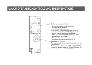 Page 6ZOOM/FOCUS connector
This is a standard lens input terminal with a zoom/focus
remote function.
If you are using a Panasonic pan/tilt head (AW-PH300), 
connect the remote cable to the LENS I/F connector on 
the pan/tilt head, not to the ZOOM/FOCUS connector.  Cooling fan (internal) ventilating port
ZOOM/FOCUS
•Do not cover the port or otherwise block 
ventilation during operation.
Internal heat buildup can cause a fire.
•The fan has a service life of about 50,000 hours.
(at a room temperature of 25°C)...