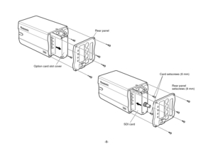 Page 8-8-
Panasonic
Panasonic
Option card slot cover
Rear panel
SDI card
Card setscrews (6 mm)
Rear panel 
setscrews (8 mm) 