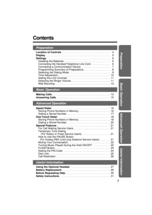 Page 33
Preparation
Basic Operation
Advanced Operation
Useful Information
Location of Controls. . . . . . . . . . . . . . . . . . . . . . . . . . . . . . . . . 14
Display. . . . . . . . . . . . . . . . . . . . . . . . . . . . . . . . . . . . . . . . . . . . 15
Settings. . . . . . . . . . . . . . . . . . . . . . . . . . . . . . . . . . . . . . . . . . . . 16
Installing the Batteries. . . . . . . . . . . . . . . . . . . . . . . . . . . . . . . . 16
Connecting the Handset/Telephone Line Cord. . . . . . . . . . ....