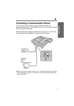 Page 77
Preparation
Ò
³Computer 
³Modem
³Fax
³Answering machine To Single-Line
Telephone Jack
LINE LINE
DA DAT
TA
A
Connecting a Communication Device
If you connect a communication device (computer, modem, fax,
answering machine, etc.) to the telephone line, you can connect it through
this unit using the DATA jack.
After connecting the handset and telephone line cord (p. 6), connect the
communication device telephone line cord to the DATA jack.
³Make sure the communication device is not in use before using...