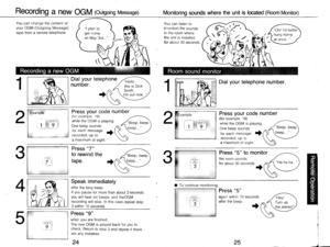Page 13Recording a new OGM (outgoins Messase)Monitoring sounds where the unit is located (Room Monitor)
l plan to
get home
on May 3rd...
You can change the content of
your OGM (Outgorng Message)
tape from a remote telephone.
You can listen to
(monitor) the sounds
in the room where
the unit is installed
for about 30 seconds.
1
Dial your telephone number.
1
Dial your telephone ,f,,;-\number. ,/ ,ni. iroir, \
+w
Exampte
llwxVi
I r1_g I
Press your code number(for example. 19)
while the OGM is playing.
One beep...