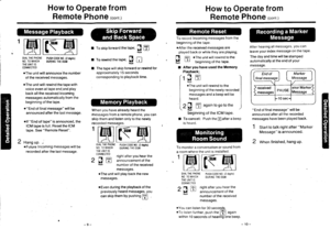 Page 6How to Operate from
Remote Phon€ (cont.)
How to Operate from
Remote Phone (conr )
0rAL THE PH0NE PUSH C00E ilo. (2 digils)N0. T0 wHlcH OURTNG THE ocMTHE UNIT ISCONNECTEO
oThe unit will announce the numberof the received messages.
rThe unit will rewind the tape withvoice even at tape endand play
back all the received Incomingmessages automatically from thebeginning of the tape.
oEnd of final message will beannounced after the last message.
olf End of tape is announced, lheICM tape is full. Reset the...