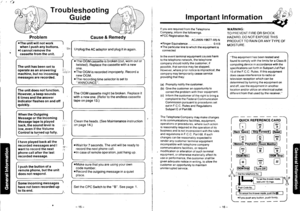 Page 9Troubleshooting
Guide
Problem
rThe unlt will not workwhen I push any buttons.ol cannot remove thecassette from the unit.
The unit has been set tooperale as an answeringmachine, but no incomingmessages are recorded.
The unit does not function.However, a beep sounds6 times and the answerSndicator flashes on and offquickly.
I have played back all therecorded messages and Iwanl to record the nexiphone call after the lastrecorded message.
I push the button of aremote phone, but the unitdoes not respond.
Some...