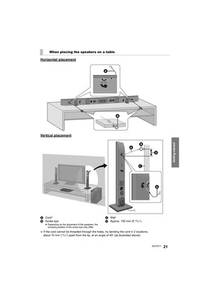 Page 21Getting started
RQT977721
When placing the speakers on a table
Horizontal placement
Vertical placement
ACord§
BScrew eye≥Depending on the placement of the speakers, the 
screwing position of the screw eye may differ.
CWall
DApprox. 150 mm (529/32q)
§ If the cord cannot be threaded through the holes, try bending the cord in 2 locations, 
about 10 mm (
13/32q) apart from the tip, at an angle of 45o (as illustrated above).






SC-HTB370PPC_RQT9777-1P_mst.book  Page 21  Tuesday, January 29, 2013...