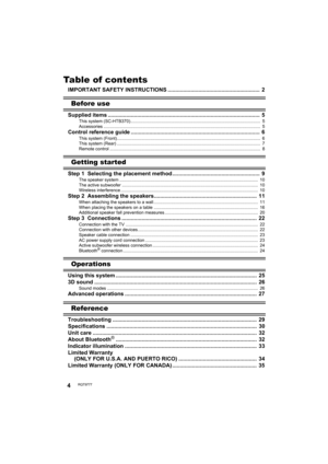 Page 44RQT9777
Table of contents
IMPORTANT SAFETY INSTRUCTIONS ............................................................  2
Before use
Supplied items ...................................................................................................  5
This system (SC-HTB370)..........................................................................................................  5
Accessories...