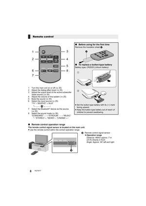 Page 88RQT9777
1 Turn the main unit on or off (>25)
2 Adjust the dialog effect level (>25)
3 Adjust the output level of the active subwoofer 
(bass sound) (>25)
4 Adjust the volume of this system (>25)
5 Mute the sound (>25)
6 Select the input source (>25)
“TV”#“BD/DVD”#“AUX”
^----------- “”(---------}
7 Select the Bluetooth
® device as the source 
(>25)
8 Select the sound mode (>26)
“STANDARD” -----#“STADIUM” -----#“MUSIC”
^- “STEREO”( “NEWS”( “CINEMA”(}
Remote control
DIALOG LEVEL
LINK MODE
PAIRING----SOUND...