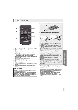 Page 37Manuel d’utilisation
7
1 Pour mettre l’appareil en et hors marche (>14)
2 Sélection de la source ( >14)
[TV]: Sélectionner le téléviseur comme source
[BD/DVD]: Sélectionner l’apparei l raccordé à la prise 
d’entrée HDMI AV IN comme source
3 Activation/désactivati on du mode de dialogues 
clairs ( >15)
4 Réglage du
 niveau de l’enceinte d’extrêmes-graves5 Réglage du volume sur l’appareil
6 Mise en sourdine
7 Activation/désactivation  du haut-parleur virtuel 
Dolby ( >15)
8 Activation/désactivati on des...