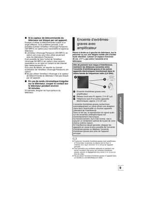 Page 39Manuel d’utilisation
9
∫Si le capteur de télécommande du 
téléviseur est bloqué par cet appareil.
Essayer d’utiliser la télécommande à partir d’un 
angle différent. Si le problème persiste, il est 
possible d’utiliser  l’émetteur infrarouge Panasonic 
(SH-WR10, en option) pour transmettre le signal au 
téléviseur.
≥ L’émetteur infrarouge Panasonic (SH-WR10, en 
option) est conçu pour être utilisé seulement 
avec les téléviseurs Panasonic.
Il est possible de faire l’achat de l’émetteur 
infrarouge SH-WR10...