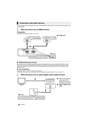 Page 2020RQT9660
You can direct the audio signal from the connected Blu-ray Disc playerTM, DVD player, Set Top Box, etc. 
to this system.
Preparation≥Connect the main unit to the TV (>19).
∫HDMI standby pass-through
Even if the main unit is in standby mode, the audio and/or video signal from the device connected to the BD/DVD or AUX1 
terminal will be sent to the TV connected to the HDMI OUT terminal (the sound will not be output from this system). When 
devices are connected to both BD/DVD and AUX1 terminals,...