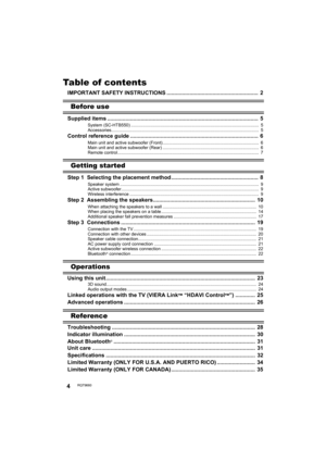 Page 44RQT9660
Table of contents
IMPORTANT SAFETY INSTRUCTIONS ............................................................  2
Before use
Supplied items ...................................................................................................  5
System (SC-HTB550) .........................................................................................................  5...