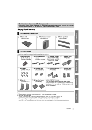 Page 5Precautions
Reference
Getting started
Before use
Operations
RQT96605
Before use
Supplied items
Check the supplied accessories before using the system.
	≥Product numbers are correct as of December 2011. These may be subject to change.
≥For U.S.A. and Puerto Rico: 
To order accessories, refer to “Accessory Purchases (United States and Puerto Rico)” on page 34.
For Canada: To order accessories, call the dealer from whom you have made your purchase.
≥The supplied AC power supply cord is for use with this...