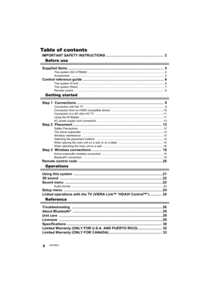 Page 44RQT9922
Table of contents
IMPORTANT SAFETY INSTRUCTIONS ........................................................... 2
Before use
Supplied items ..................................................................................................  5
This system (SC-HTB580) ...................................................................................................5
Accessories .........................................................................................................................5...