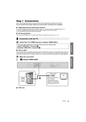 Page 9Getting started
Before use
RQT99229
Getting started
Step 1  Connections
≥Turn off all equipment before connection and read the appropriate operating instructions.
Do not connect the AC power supply cord until all other connections are completed.
∫HDMI (High-Definition Multimedia Interface)
≥The HDMI connection supports VIERA Link “HDAVI Control” (>p. 25) when used with a compatible Panasonic TV.
≥Use ARC compatible High Speed HDMI Cables. Non-HDMI-compliant cables cannot be utilized.
≥It is recommended...