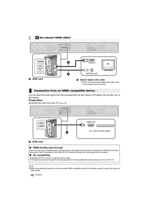 Page 1010RQT9922
AHDMI cable
BOptical digital audio cable
≥When you use the optical digital audio cable, insert 
the tip correctly into the terminal.
You can direct the audio signal from the connected Blu-ray Disc player, DVD player, Set Top Box, etc. to 
this system.
Preparation
≥Connect the main unit to the TV. (>p. 9)
AHDMI cable
	≥Refer to the operating instructions of the connected HDMI compatible device for the settings required to output the video and 
audio signals.
[B] Not labeled “HDMI (ARC)”
HDMI IN...