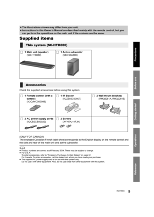 Page 5Getting started
Operations
Reference
Before use
Precautions
RQT99035
Before use
Supplied items
Check the supplied accessories before using this system.
(ONLY FOR CANADA)
The enclosed Canadian French label sheet corresponds to the English display on the remote control and 
the side and rear of the main unit and active subwoofer.
	≥Product numbers are correct as of February 2014. These may be subject to change.
≥For U.S.A.: 
To order accessories, refer to “Accessory Purchases (United States)” on page 32....