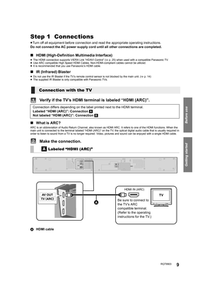 Page 9Getting started
Before use
RQT99039
Getting started
Step 1  Connections
≥Turn off all equipment before connection and read the appropriate operating instructions.
Do not connect the AC power supply cord until all other connections are completed.
∫HDMI (High-Definition Multimedia Interface)
≥The HDMI connection supports VIERA Link “HDAVI Control” (>p. 25) when used with a compatible Panasonic TV.
≥Use ARC compatible High Speed HDMI Cables. Non-HDMI-compliant cables cannot be utilized.
≥It is recommended...