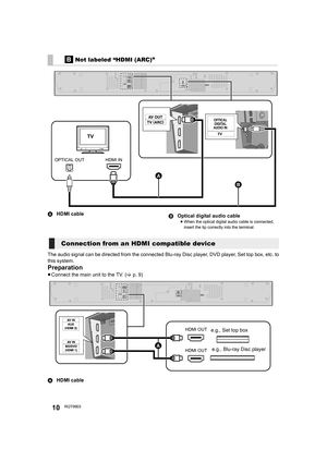 Page 1010RQT9903
AHDMI cable
BOptical digital audio cable
≥When the optical digital audio cable is connected, 
insert the tip correctly into the terminal.
The audio signal can be directed from the connected Blu-ray Disc player, DVD player, Set top box, etc. to 
this system.
Preparation
≥Connect the main unit to the TV. (>p. 9)
AHDMI cable
[B] Not labeled “HDMI (ARC)”
HDMI INOPTICALOUT
B
A
TV
Connection from an HDMI compatible device
HDMI OUT
HDMI OUTA
e.g., Set top box
e.g., Blu-ray Disc player...