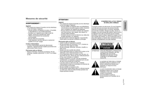Page 343RQT9860
Mesures de sécuritéAVERTISSEMENT !Appareil
• Pour réduire les risques d’incendie, de choc électrique 
ou de dommage à l’appareil,
– Ne pas exposer cet appareil à la pluie, à l’humidité, 
à l’égouttement ou aux éclaboussements.
– Ne placer sur l’appareil aucun objet rempli de 
liquide, comme par exemple des vases.
– Utiliser exclusivement les accessoires 
recommandés.
– Ne pas retirer les couvercles.
– Toute réparation doit être faite par un personnel 
qualifié et non par l’usager.
Cordon...