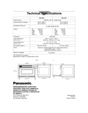 Page 16Technical Specifications
*IEC 705-88 Test Procedure
Specifications subject to change without notice.
Power Source
Required Power (Voltage)
Receptacle Required
Output
Frequency
Outer dimensions 
(W x D x H)
Cavity dimensions 
(W x D x H)
Net weight (approx.)
Timer
Memory Capability
NE-3280
28.0 A (208 V)25.3 A (230 V)
HI: 3200 W*
MED: 1600 W
LOW: 340 W
DEF: 170 W
HOLD: 0 W
136.4 lbs. (62 kg)
NE-2180
20.0 A (208 V)18.0 A (230 V)
HI: 2100 W*
MED: 1050 W
LOW: 340 W
DEF: 170 W
HOLD: 0 W
116.7 lbs. (53 kg)
25...