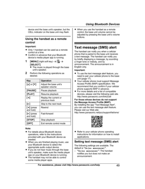 Page 49device and the base unit’s speaker, but the
C
ELL indicator on the base unit may flash. Using the handset as a remote
c

ontrol
Important:
R Only 1 handset can be used as a remote
control at a time.
R Confirm in advance that your Bluetooth
device’s media player app is running.
1 MMENU N (right soft key)  a   
a
M S

ELECT N
R The music is played through the base
unit’s speaker.
2 Perform the following operations as
desired. Key Operation
M D N 
or  MC N Adjust the base unit’s
s
peaker volume
M P
AUSE...