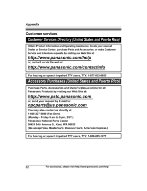 Page 82Customer services
82
For assistance, please visit http://www.panasonic.com/helpAppendixPRL262_PRD262_OI_(en_en)_0109_YA_ver001.pdf   822014/01/09   11:59:46Customer Services Directory (United States and Puerto Rico)
Obtain Product Information and Operating Assistance; locate your nearest 
Dealer or Service Center; purchase Parts and Accessories; or make Customer 
Service and Literature requests by visiting our Web Site at:
http://www.panasonic.com/help
or, contact us via the web at:...