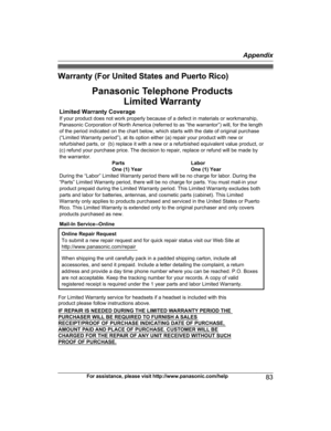 Page 83Warranty (For United States and Puerto Rico)
For assistance, please visit http://www.panasonic.com/help
83 AppendixPRL262_PRD262_OI_(en_en)_0109_YA_ver001.pdf   832014/01/09   11:59:46Limited Warranty CoverageIf your product does not work properly because of a defect in materials or workmanship, 
Panasonic Corporation of North America (referred to as “the warrantor”) will, for the length 
of the period indicated on the chart below, which starts with the date of original purchase 
(“Limited Warranty...