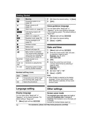 Page 12
ItemMeaning
Answering system is on.
(page 36)
Ringer volume is off.
(page 23)
Silent mode is on. (page 28)
Call sharing mode is off.
(page 25)
Alarm is on. (page 27)
Equalizer is set. (page 15)
The key backlight is off.
(page 24)
Handset number
Battery level
Blocked call (page 29)
Baby monitor is activated.
The name/number displayed
next to the icon indicates the
monitoring unit. (page 29)
Booster
onClarity booster is on.
(page 15)
Line in
useSomeone is using the line.
In useAnswering system is being...