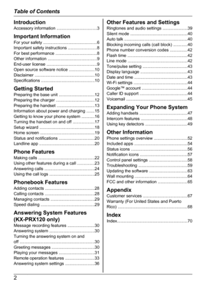 Page 2Introduction
Accessory information  ..................................3
Important Information
For your safety  ............................................. 6
Important safety instructions  ........................8
For best performance  ...................................8
Other information  ......................................... 9
End-user license  .......................................... 9
Open source software notice  .....................10
Disclaimer...