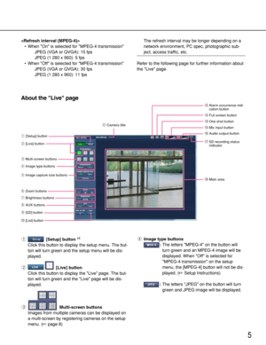 Page 55

• When On is selected for MPEG-4 transmission
JPEG (VGA or QVGA): 15 fps
JPEG (1 280 x 960): 5 fps
• When Off is selected for MPEG-4 transmission
JPEG (VGA or QVGA): 30 fps
JPEG (1 280 x 960): 11 fpsThe refresh interval may be longer depending on a
network environment, PC spec, photographic sub-
ject, access traffic, etc.
Refer to the following page for further information about
the Live page.
About the Live page
q[Setup] button *1
Click this button to display the setup menu. The but-
ton will turn...