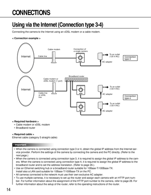 Page 1414
CONNECTIONS
Using via the Internet (Connection type 3-4)
Connecting the camera to the Internet using an xDSL modem or a cable modem.
< Connection example >
< Required hardware >
•Cable modem or xDSL modem
•Broadband router
< Required cable >
Ethernet cable (category 5 straight cable)
•When the camera is connected using connection type 3 or 4, obtain the global IP address from the Internet ser-
vice provider. Perform the settings of the camera by connecting the camera and the PC directly. (Refer to...