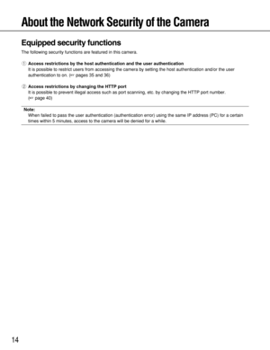 Page 1414
About the Network Security of the Camera
Equipped security functions
The following security functions are featured in this camera.
qAccess restrictions by the host authentication and the user authentication
It is possible to restrict users from accessing the camera by setting the host authentication and/or the user
authentication to on. (pages 35 and 36)
wAccess restrictions by changing the HTTP port
It is possible to prevent illegal access such as port scanning, etc. by changing the HTTP port...