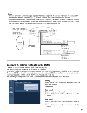 Page 4141
Notes:
•The port forwarding function changes a global IP address to a private IP address, and Static IP masquerade
and Network Address Translation (NAT) have this function. This function is to be set in a router.
•To access the camera via the Internet by connecting the camera to a broadband router, it is necessary to assign
a respective port number for each camera and address translation by using the port forwarding function. For fur-
ther information, refer to the operating instructions of the...