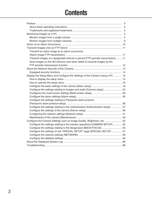 Page 22
Contents
Preface ................................................................\
............................................................ 3
About these operating instructions  ........................................................................\
...... 3
Trademarks and registered trademarks  ...................................................................... 3
Monitoring Images on a PC  ........................................................................\
..................... 4...