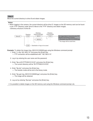 Page 1313
Step 3
Move the current directory to drive B and obtain images. 
Notes:
•When logging in the camera, the current directory will be drive D. Images\
 on the SD memory card can be found
in the FTP directory under drive B. Move to the FTP directory and ob\
tain images.

Example:To obtain the image (img_05010101230000.jpg) using the Windows command\
 prompt
1. Enter c:\>ftp 192.168.0.10 and press the [Enter] key.
→FTP connection will be established with 192.168.0.10.
2. Log in by entering the user name...
