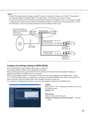 Page 4141
Notes:
•The port forwarding function changes a global IP address to a private IP\
 address, and Static IP masquerade
and Network Address Translation (NAT) have this function. This funct\
ion is to be set in a router. 
• To access the camera via the Internet by connecting the camera to a broa\
dband router, it is necessary to assign
a respective port number for each camera and address translation by usin\
g the port forwarding function. For fur-
ther information, refer to the operating instructions of...