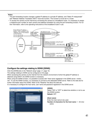 Page 4141
Notes:
•The port forwarding function changes a global IP address to a private IP address, and Static IP masquerade
and Network Address Translation (NAT) have this function. This function is to be set in a router. 
•To access the camera via the Internet by connecting the camera to a broadband router, it is necessary to assign
a respective port number for each camera and address translation by using the port forwarding function. For fur-
ther information, refer to the operating instructions of the...