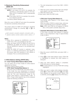 Page 19-19-
5. Electronic Sensitivity Enhancement 
(SENS UP)
There are two modes for SENS UP.
AUTO:If you select X10 AUTO, for example, the
sensitivity is automatically raised to X10 max.
When AUTO is selected, AGC is automatically
set to ON.
FIX:If you select X32 FIX, for example, the sensitiv-
ity is raised to just X32.
The factory default setting is OFF.
Move the cursor to SENS UP and select the parameter
for electronic sensitivity enhancement.
The preset values for SENS UP (electronic sensitivity...