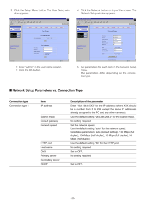 Page 26-26- 3. Click the Setup Menu button. The User Setup win-
dow appears.
•Enter “admin” in the user name column.
•Click the OK button.
■Network Setup Parameters vs. Connection Type
Connection type Item Description of the parameter
Connection type 1 IP address Enter “192.168.0.XXX” for the IP address (where XXX should
be a number from 2 to 254 except the same IP addresses
already assigned to the PC and any other cameras).
Subnet mask Use the default setting “255.255.255.0” for the subnet mask.
Default...