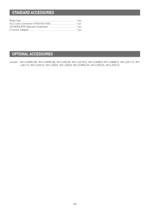 Page 46-46-
STANDARD ACCESSORIES
Body Cap  .............................................................................. 1 pc.
ALC Lens Connector (YFE4191J100)  ................................... 1 pc.
CD-ROM (PDF Manual Contained)  ....................................... 1 pc.
C-mount Adapter  ................................................................... 1 pc.
OPTIONAL ACCESSORIES
Lenses : WV-LA2R8C3B, WV-LA4R5C3B, WV-LA9C3B, WV-LA210C3, WV-LA408C3 WV-LA908C3, WV-LZ61/10, WV-
LZ61/15, WV-LZA61/2,...