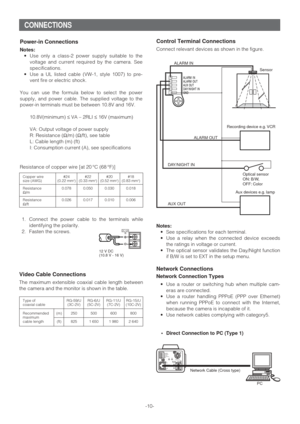 Page 10-10-
Power-in Connections
Notes:
•Use only a class-2 power supply suitable to the
voltage and current required by the camera. See
specifications.
•Use a UL listed cable (VW-1, style 1007) to pre-
vent fire or electric shock.
You can use the formula below to select the power
supply, and power cable. The supplied voltage to the
power-in terminals must be between 10.8V and 16V.
10.8V(minimum) ≤VA – 2RLI ≤16V (maximum)
VA: Output voltage of power supply
R: Resistance (Ω/m) (Ω/ft), see table
L: Cable length...