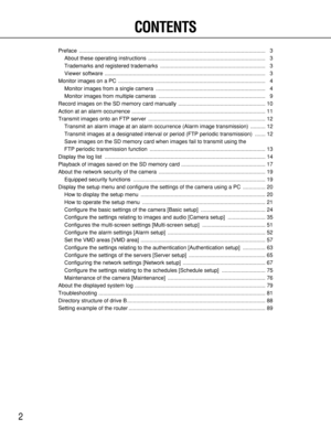 Page 22
CONTENTS
Preface ............................................................................................................................ 3
About these operating instructions  .............................................................................. 3
Trademarks and registered trademarks  ...................................................................... 3
Viewer software ........................................................................................................... 3
Monitor...