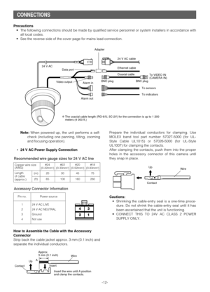 Page 12ContactInsert UpAApprox.
3 mm (0.1 inch)
Insert the wire until A position
and clamp the contacts.Wire
Note:When powered up, the unit performs a self-
check (including one panning, tilting, zooming
and focusing operation).
•24 V AC Power Supply ConnectionPrepare the individual conductors for clamping. Use
MOLEX band tool part number 57027-5000 (for UL-
Style Cable UL1015) or 57026-5000 (for UL-Style
UL1007) for clamping the contacts.
After clamping the contacts, push them into the proper
holes in the...