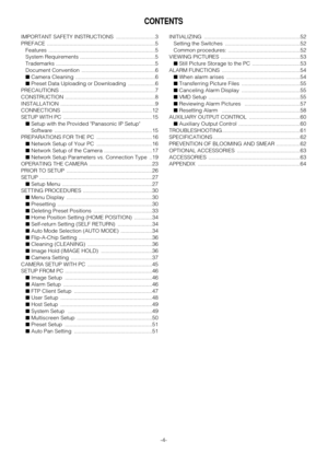 Page 4-4-
CONTENTS
IMPORTANT SAFETY INSTRUCTIONS  ..........................3
PREFACE ........................................................................5
Features .......................................................................5
System Requirements ..................................................5
Trademarks ..................................................................5
Document Convention  .................................................6
■Camera Cleaning...