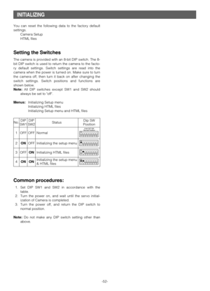 Page 51You can reset the following data to the factory default
settings.
Camera Setup
HTML files
Setting the Switches
The camera is provided with an 8-bit DIP switch. The 8-
bit DIP switch is used to return the camera to the facto-
ry default settings. Switch settings are read into the
camera when the power is turned on. Make sure to turn
the camera off, then turn it back on after changing the
switch settings. Switch positions and functions are
shown below.
Note:All DIP switches except SW1 and SW2 should
always...