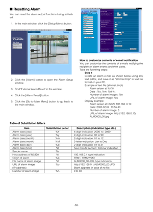 Page 57-58-
■Resetting Alarm 
You can reset the alarm output functions being activat-
ed.
1. In the main window, click the [Setup Menu] button.
2. Click the [Alarm] button to open the Alarm Setup
window.
3. Find External Alarm Reset in the window.
4. Click the [Alarm Reset] button.
5. Click the [Go to Main Menu] button to go back to
the main window.How to customize contents of e-mail notification
You can customize the contents of e-mails notifying the
recipient of alarm events and their dates.
Take the...